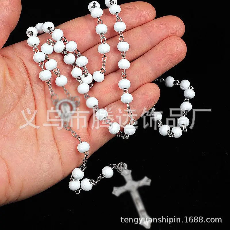rosary necklace white wooden beads necklace - Blade & Thread