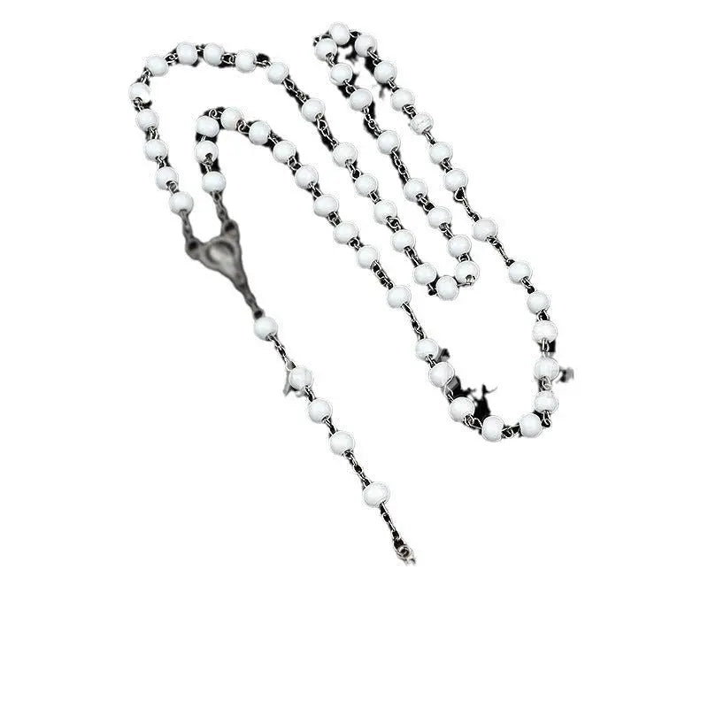 rosary necklace white wooden beads necklace - Blade & Thread
