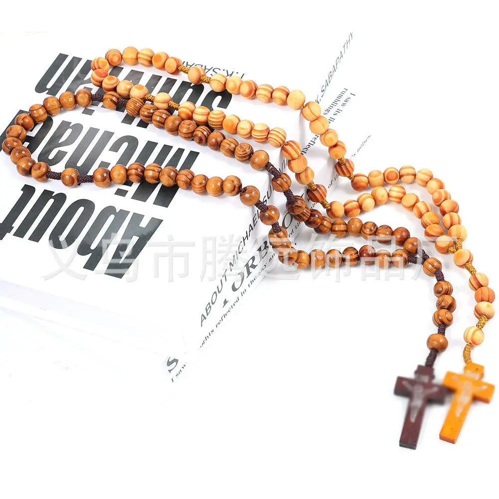 rosary necklace wooden beads cross necklace - Blade & Thread