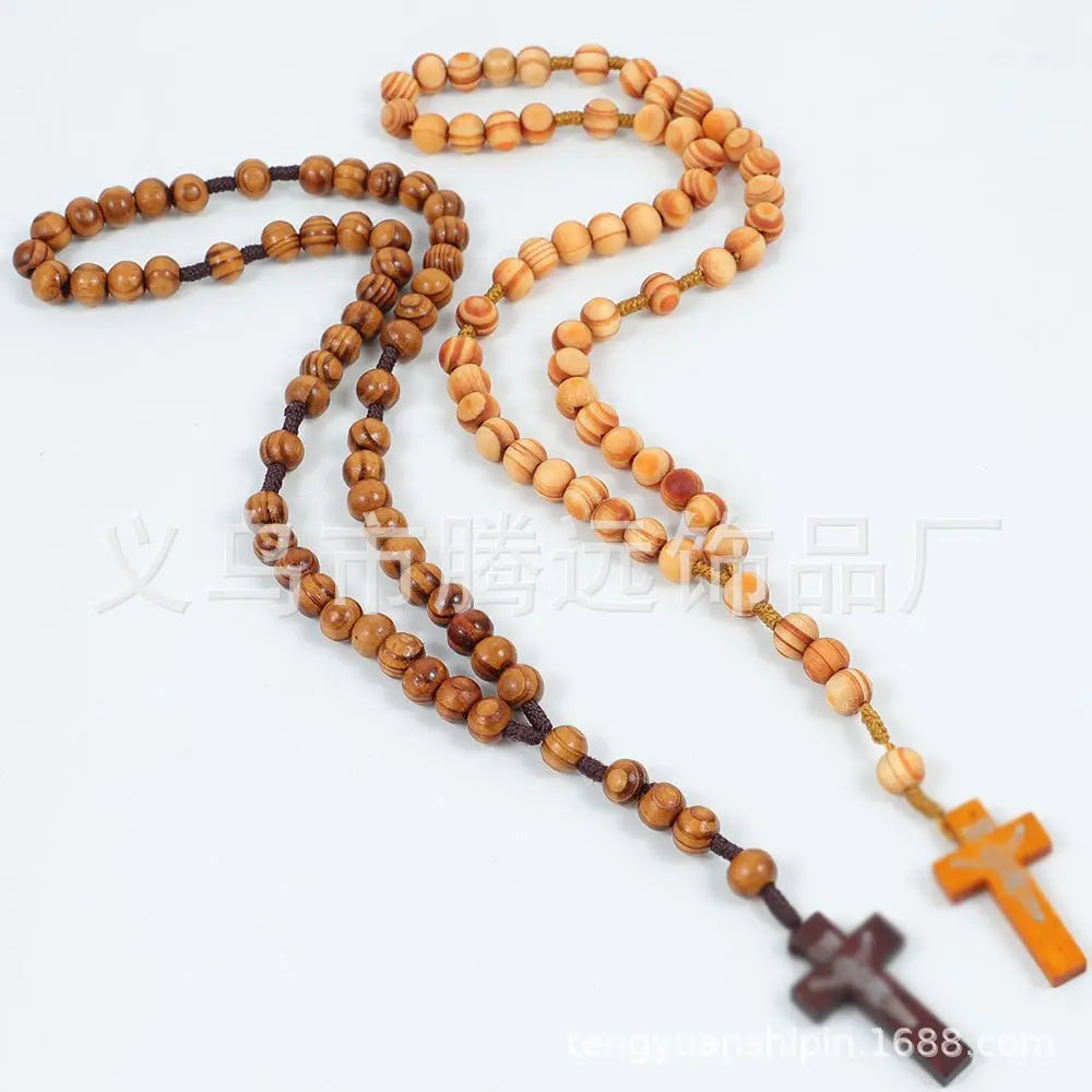 rosary necklace wooden beads cross necklace - Blade & Thread