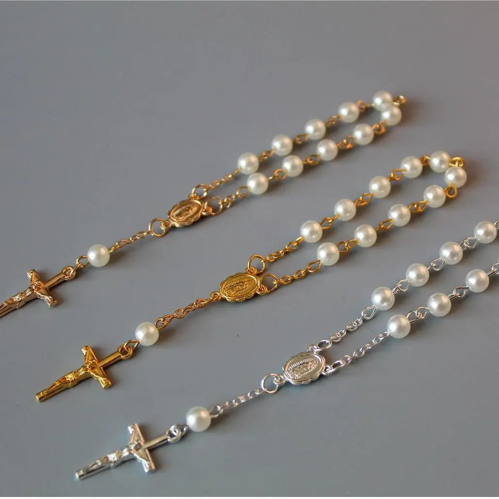 rosary pearl cross full moon blessing bracelet - Blade & Thread