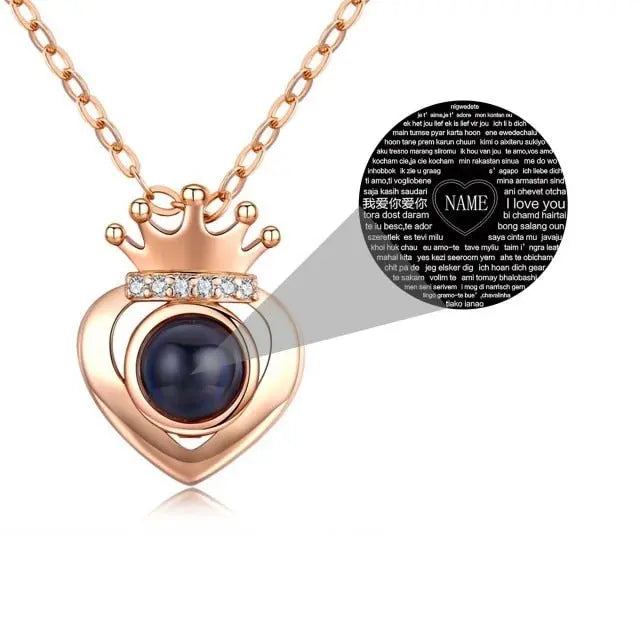 Rose Gold Silver Color 100 Languages I Love You Projection Heart Crown name Pendant Necklace Romantic Memory - Blade & Thread