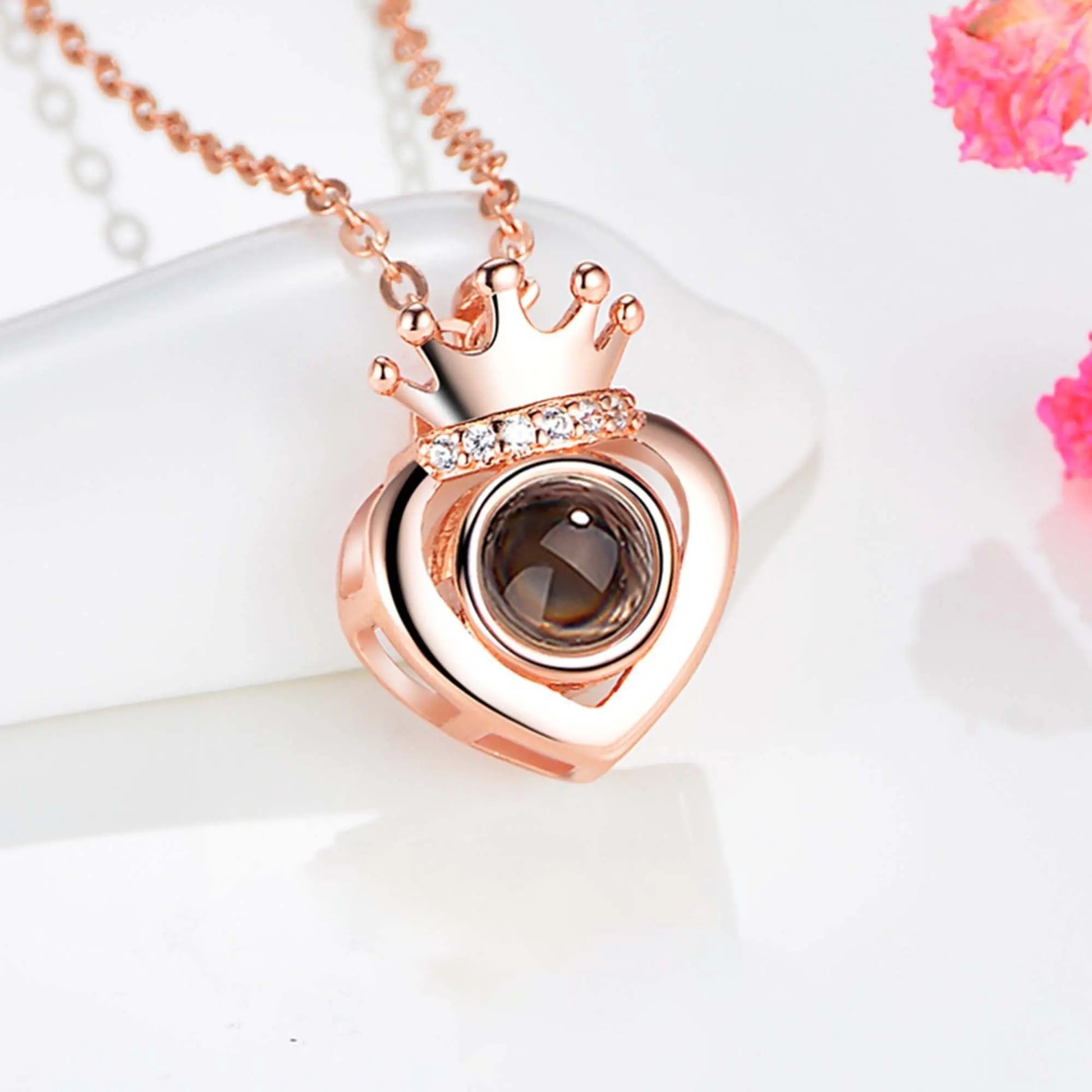 Rose Gold Silver Color 100 Languages I Love You Projection Heart Crown name Pendant Necklace Romantic Memory - Blade & Thread