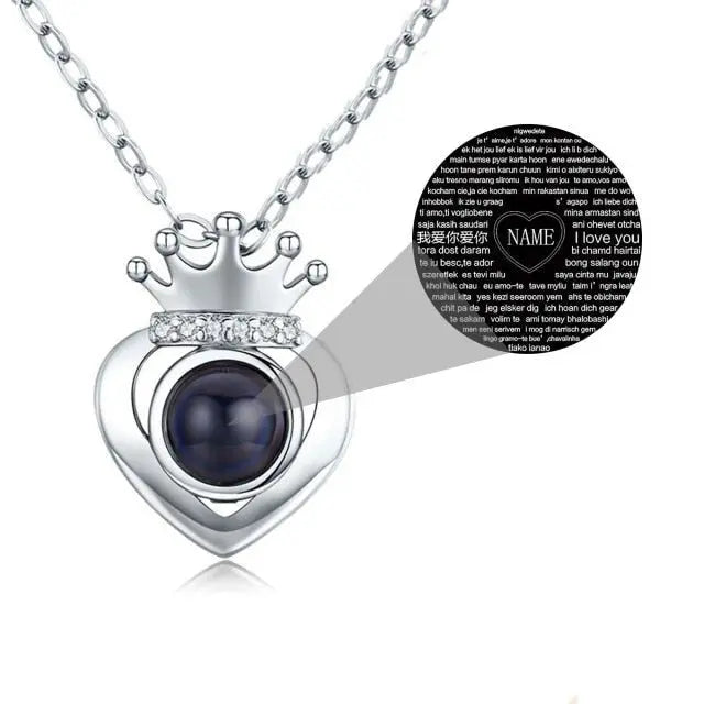 Rose Gold Silver Color 100 Languages I Love You Projection Heart Crown name Pendant Necklace Romantic Memory - Blade & Thread