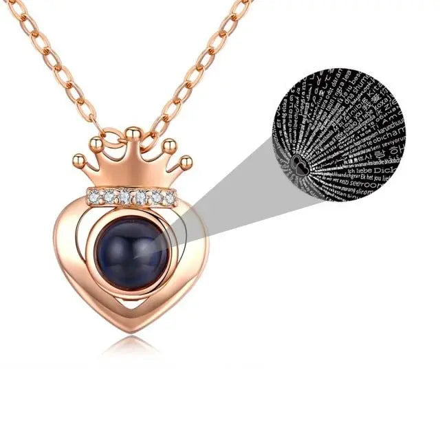 Rose Gold Silver Color 100 Languages I Love You Projection Heart Crown name Pendant Necklace Romantic Memory - Blade & Thread