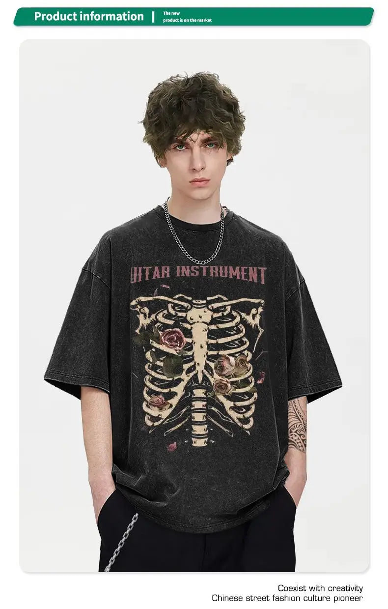 Rose skull print hip-hop T-shirt - Blade & Thread