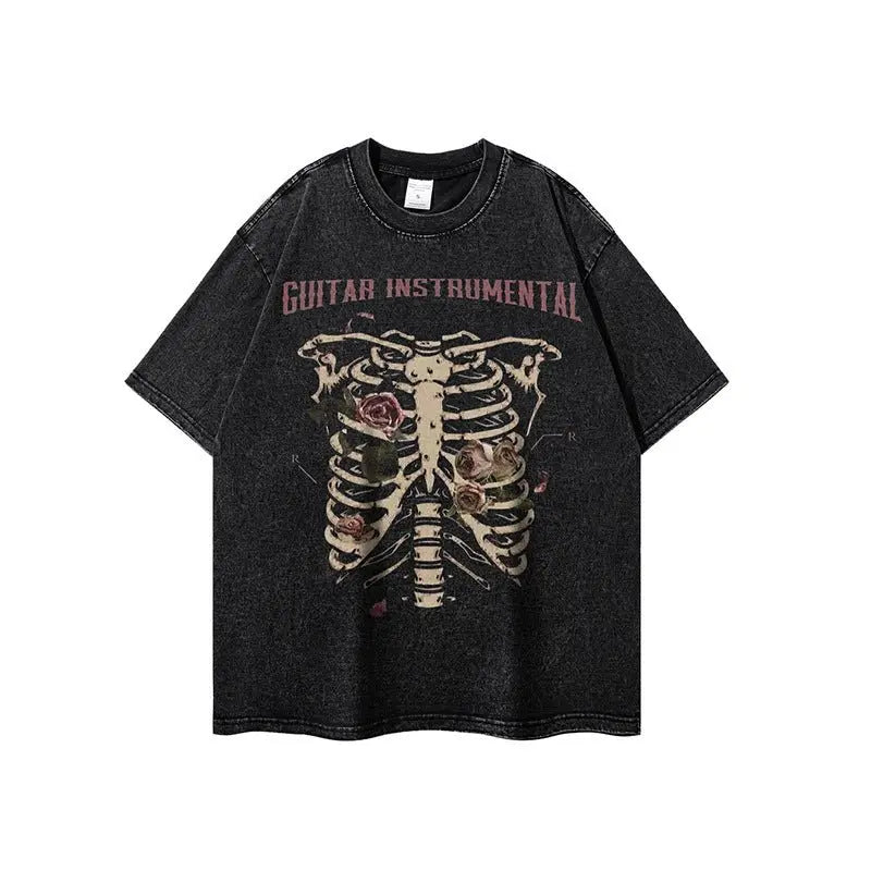 Rose skull print hip-hop T-shirt - Blade & Thread