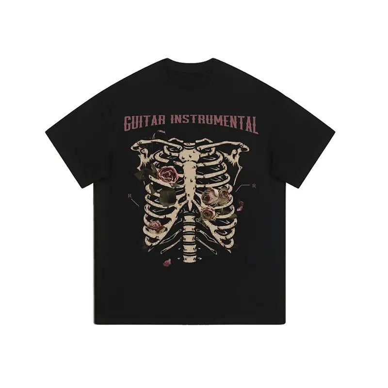 Rose skull print hip-hop T-shirt - Blade & Thread