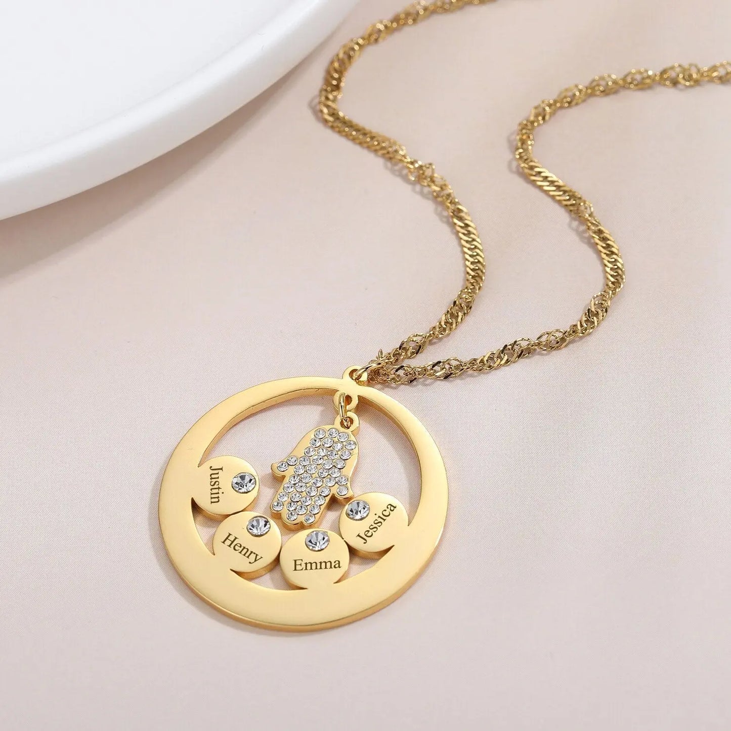 Round Family Name Necklace Hamsa Hand Stainless Steel Necklace Zircon Evil Eye Fatma's Hand - Blade & Thread