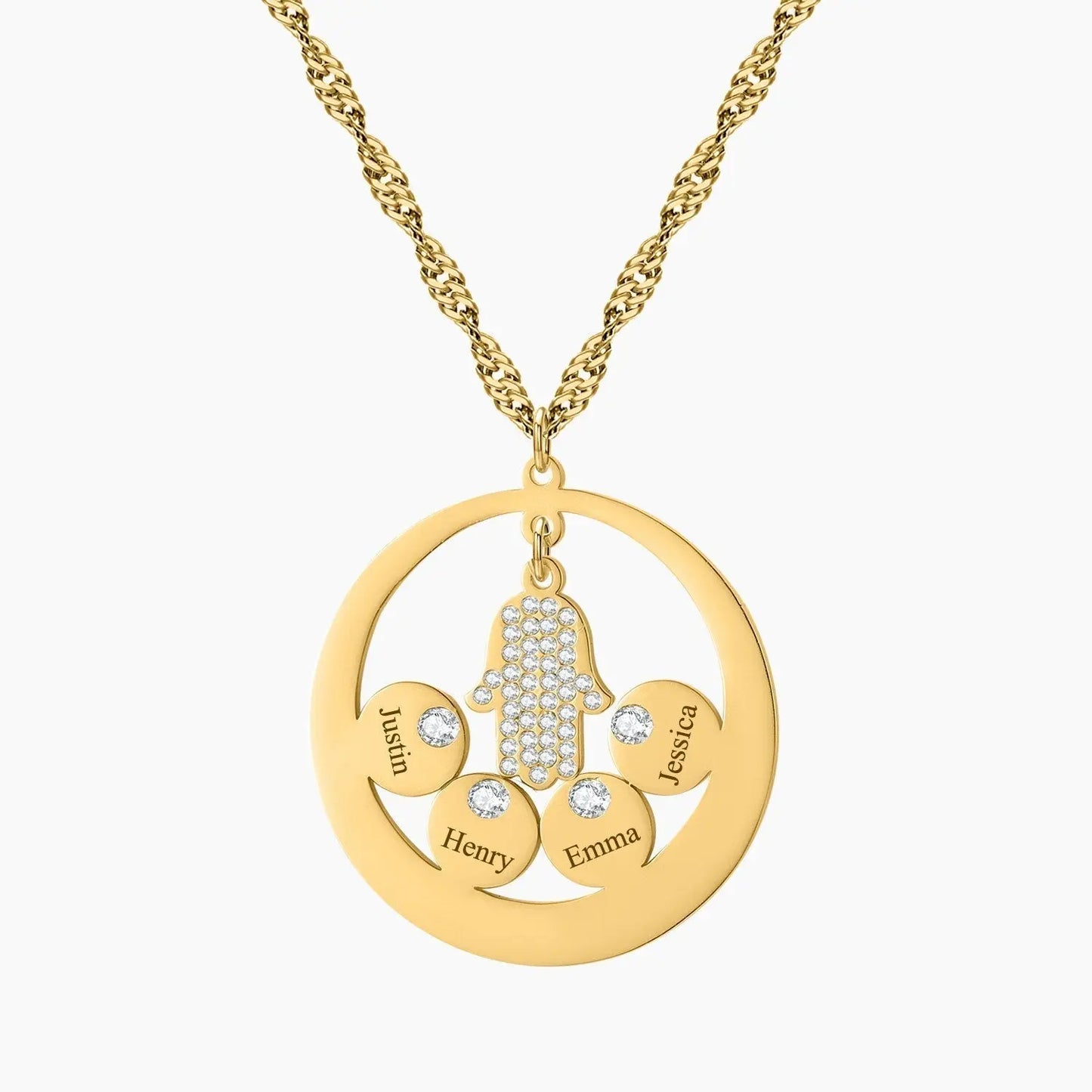 Round Family Name Necklace Hamsa Hand Stainless Steel Necklace Zircon Evil Eye Fatma's Hand - Blade & Thread