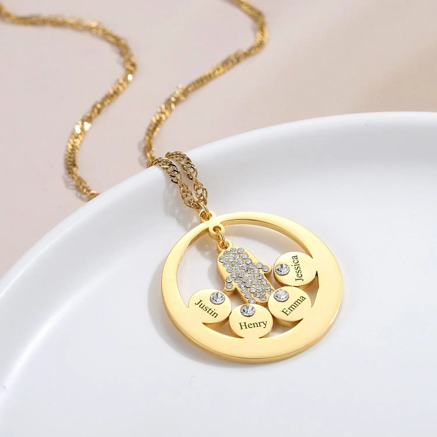 Round Family Name Necklace Hamsa Hand Stainless Steel Necklace Zircon Evil Eye Fatma's Hand - Blade & Thread