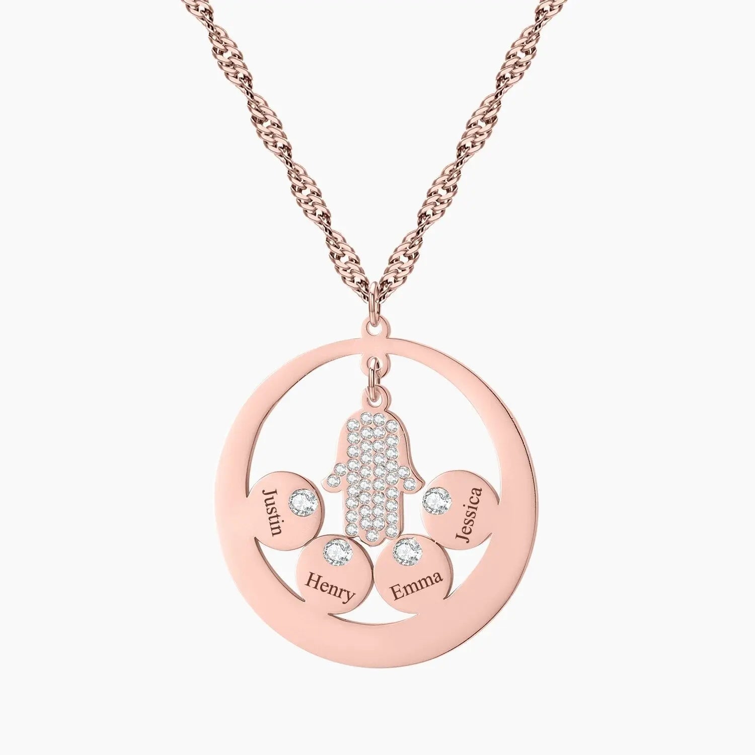 Round Family Name Necklace Hamsa Hand Stainless Steel Necklace Zircon Evil Eye Fatma's Hand - Blade & Thread