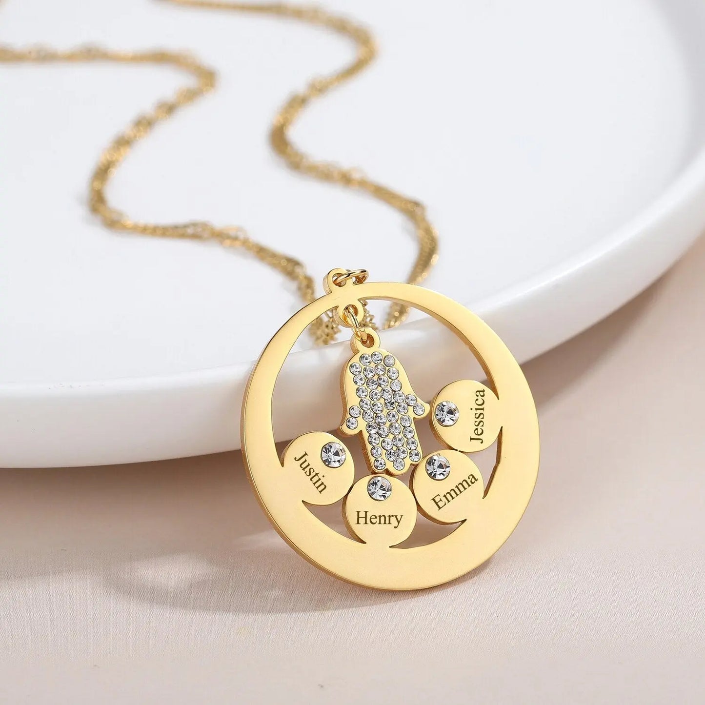 Round Family Name Necklace Hamsa Hand Stainless Steel Necklace Zircon Evil Eye Fatma's Hand - Blade & Thread