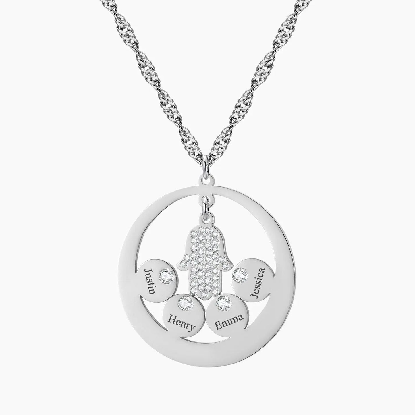 Round Family Name Necklace Hamsa Hand Stainless Steel Necklace Zircon Evil Eye Fatma's Hand - Blade & Thread