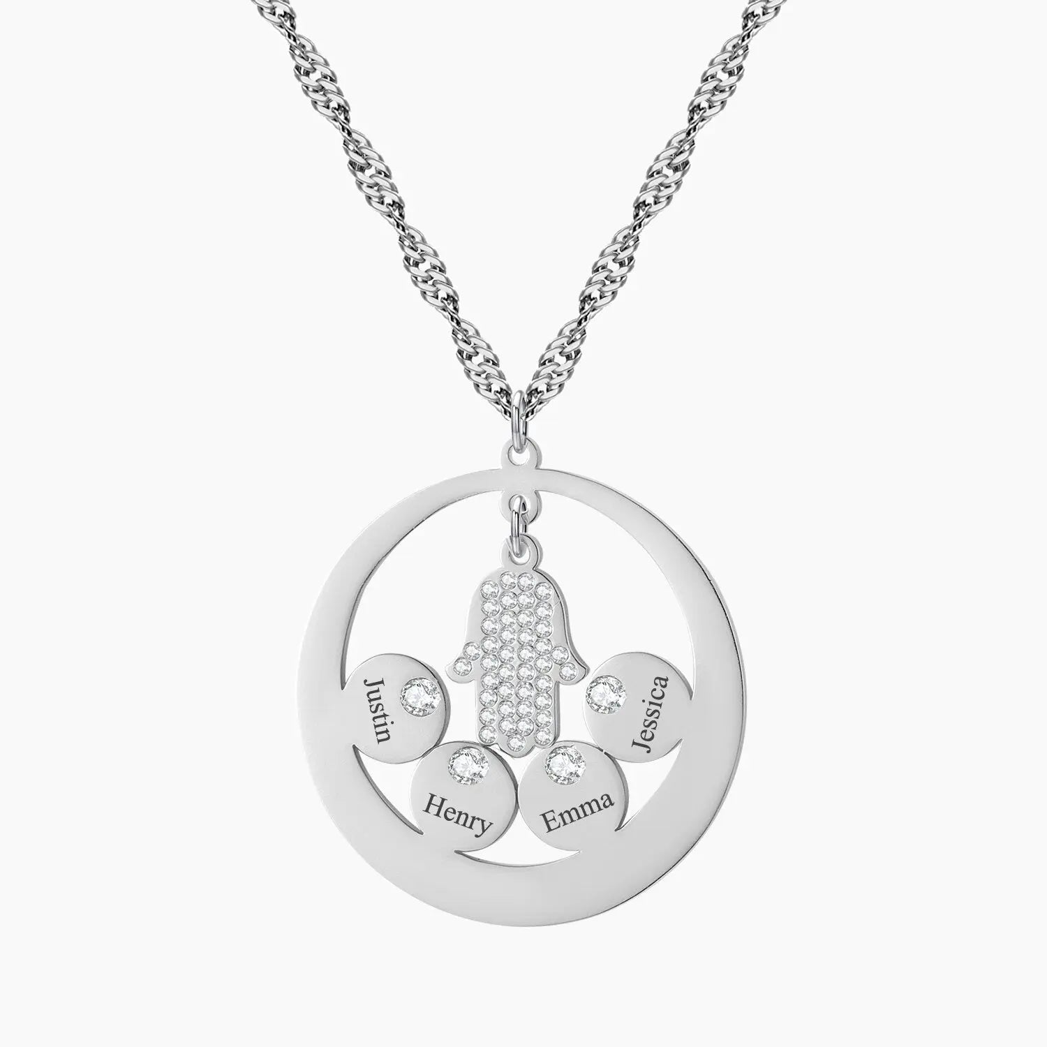 Round Family Name Necklace Hamsa Hand Stainless Steel Necklace Zircon Evil Eye Fatma's Hand - Blade & Thread