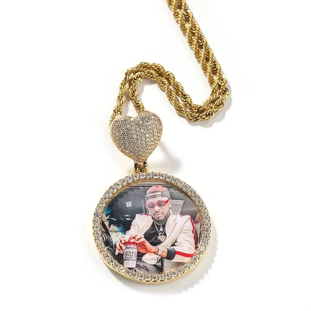 Round Heart Clasp Medallions Custom Photo Memory Pendant Engrave Name HipHop Jewlery - Blade & Thread