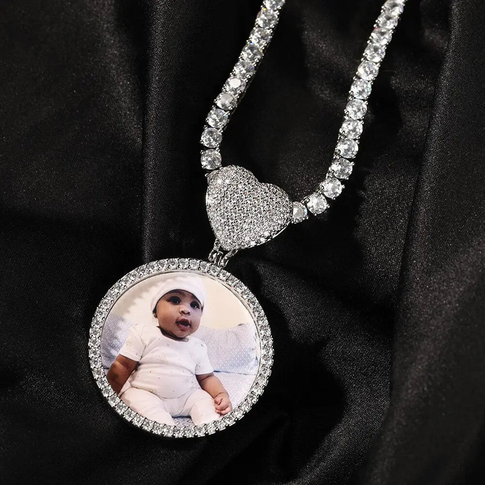 Round Heart Clasp Medallions Custom Photo Memory Pendant Engrave Name HipHop Jewlery - Blade & Thread