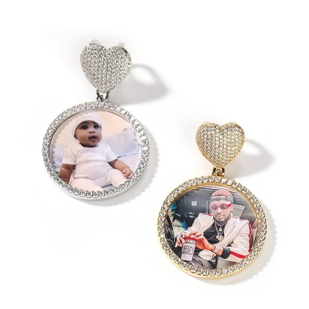 Round Heart Clasp Medallions Custom Photo Memory Pendant Engrave Name HipHop Jewlery - Blade & Thread