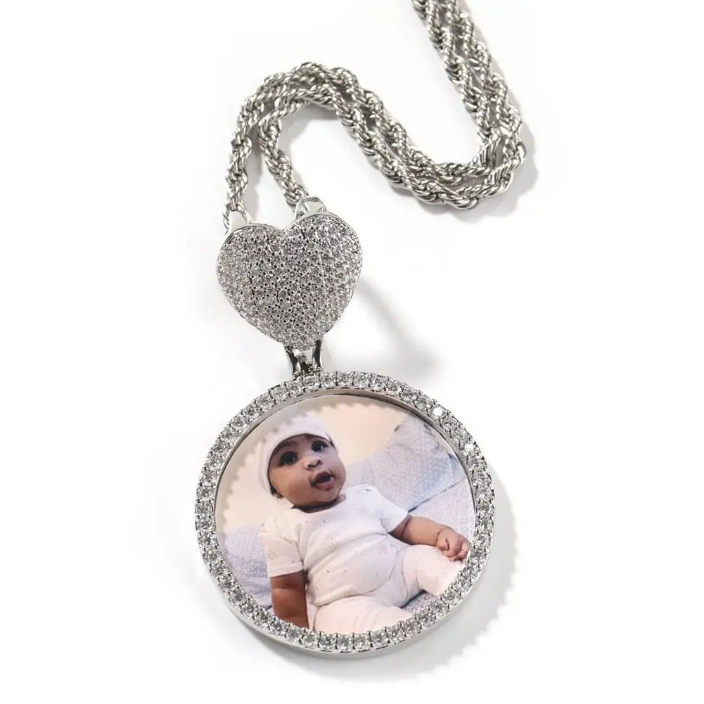 Round Heart Clasp Medallions Custom Photo Memory Pendant Engrave Name HipHop Jewlery - Blade & Thread