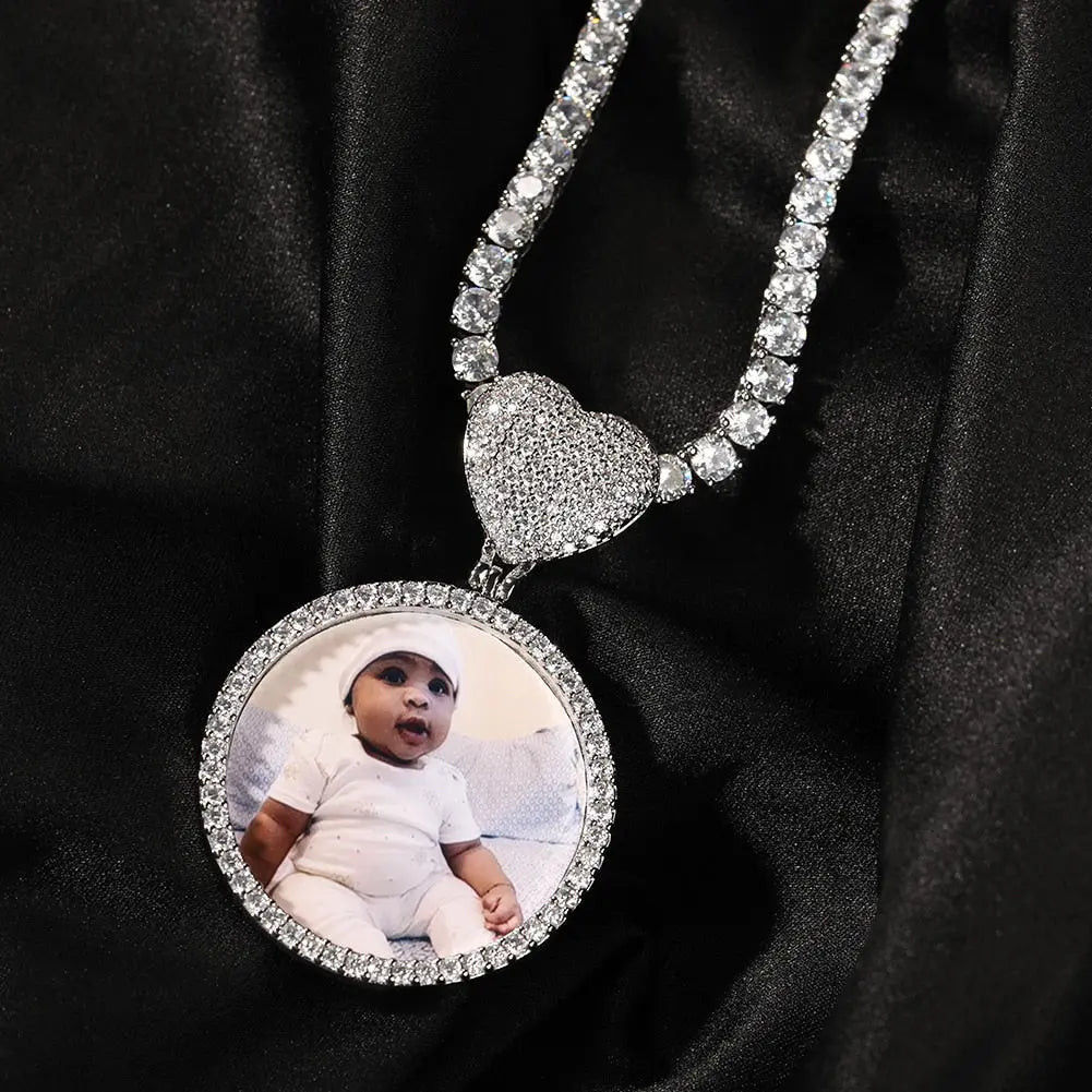 Round Heart Clasp Medallions Custom Photo Memory Pendant Engrave Name HipHop Jewlery - Blade & Thread