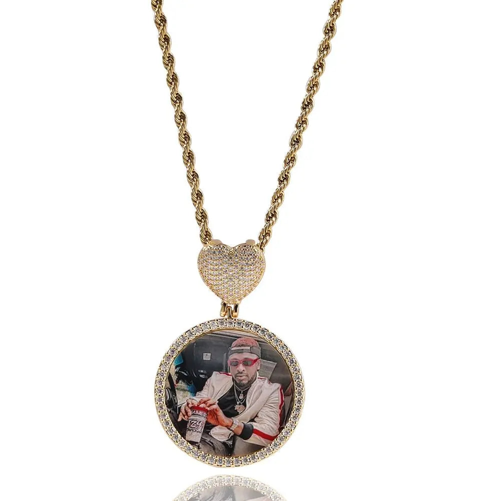 Round Heart Clasp Medallions Custom Photo Memory Pendant Engrave Name HipHop Jewlery - Blade & Thread