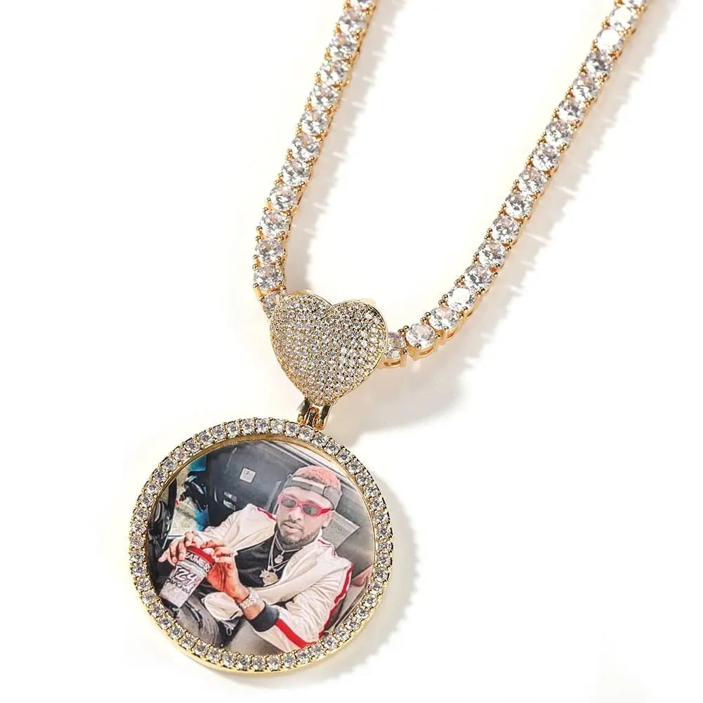 Round Heart Clasp Medallions Custom Photo Memory Pendant Engrave Name HipHop Jewlery - Blade & Thread