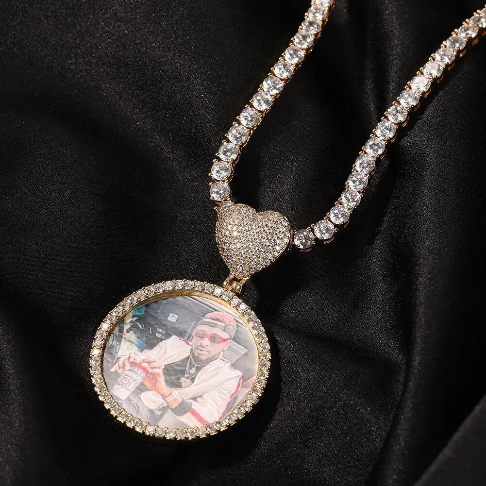 Round Heart Clasp Medallions Custom Photo Memory Pendant Engrave Name HipHop Jewlery - Blade & Thread