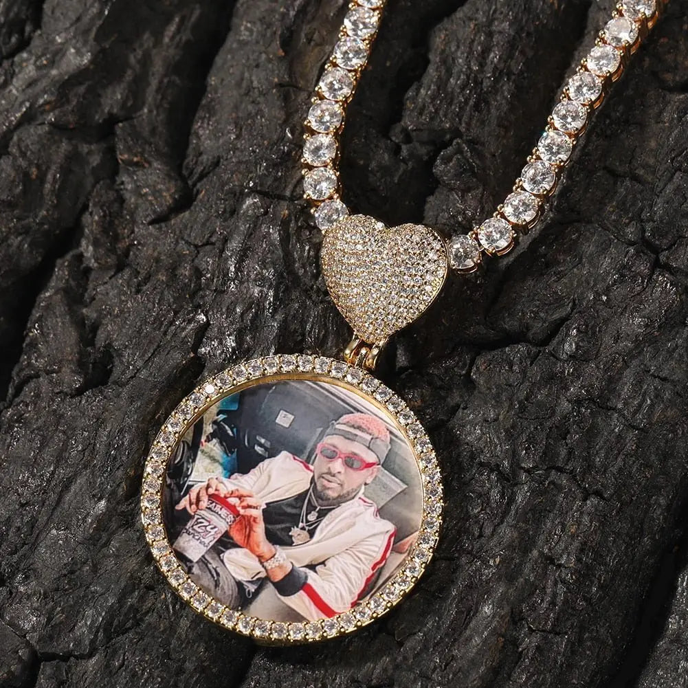 Round Heart Clasp Medallions Custom Photo Memory Pendant Engrave Name HipHop Jewlery - Blade & Thread