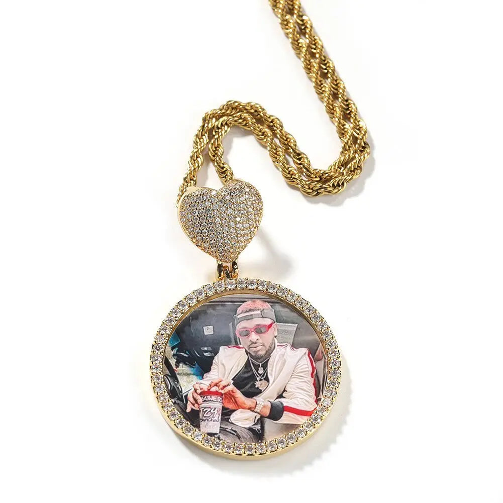 Round Heart Clasp Medallions Custom Photo Memory Pendant Engrave Name HipHop Jewlery - Blade & Thread