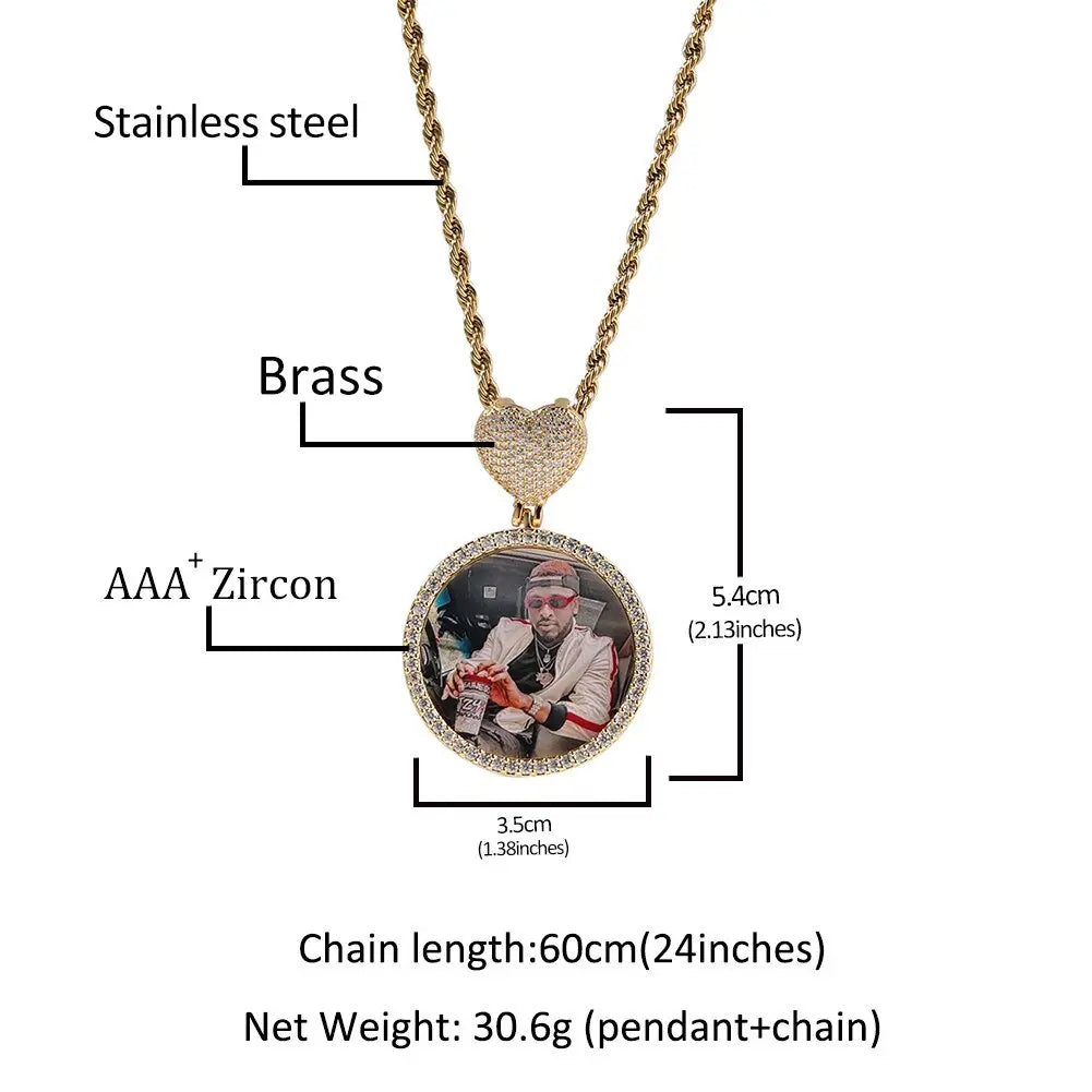 Round Heart Clasp Medallions Custom Photo Memory Pendant Engrave Name HipHop Jewlery - Blade & Thread