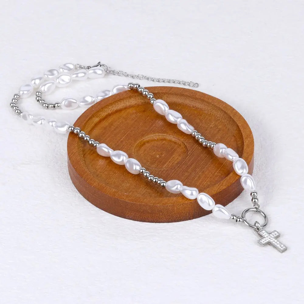 round pearl titanium steel cross necklace - Blade & Thread