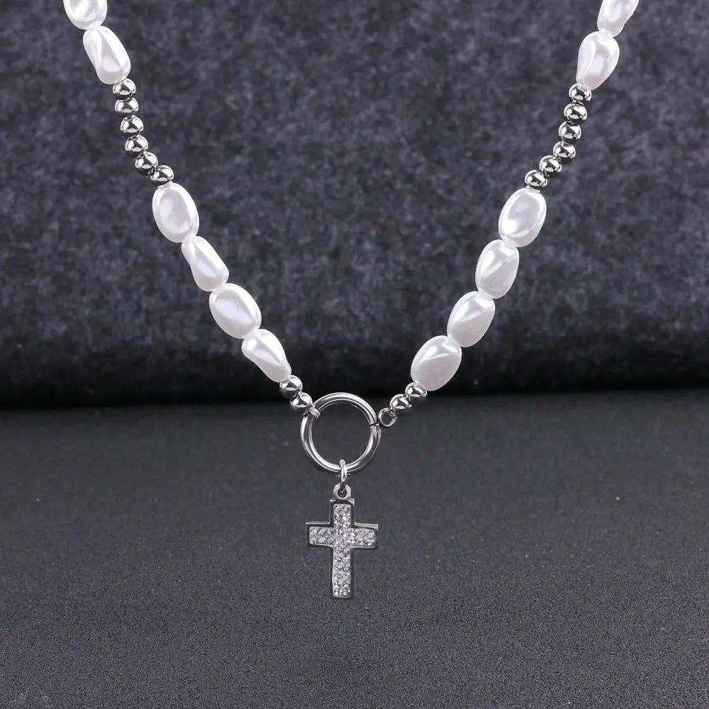round pearl titanium steel cross necklace - Blade & Thread