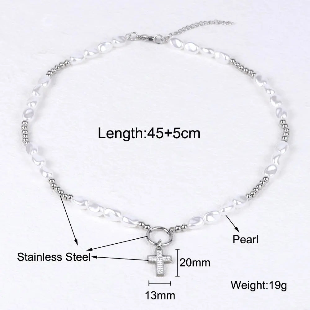 round pearl titanium steel cross necklace - Blade & Thread