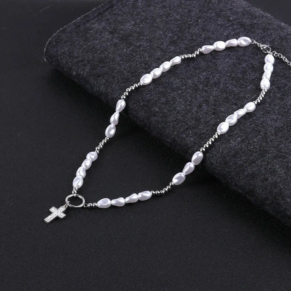 round pearl titanium steel cross necklace - Blade & Thread