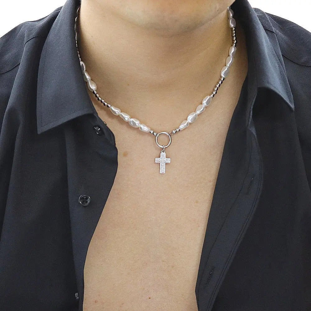 round pearl titanium steel cross necklace - Blade & Thread