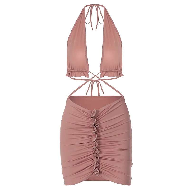 Ruffled Solid Halter Hollow Out Sleeveless Crop Top Pleated Skirts 2 Pieces Set - Blade & Thread
