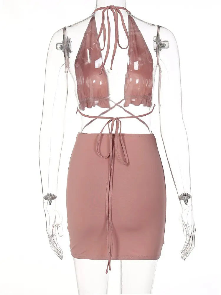 Ruffled Solid Halter Hollow Out Sleeveless Crop Top Pleated Skirts 2 Pieces Set - Blade & Thread