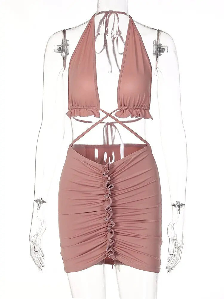 Ruffled Solid Halter Hollow Out Sleeveless Crop Top Pleated Skirts 2 Pieces Set - Blade & Thread