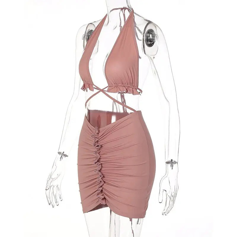Ruffled Solid Halter Hollow Out Sleeveless Crop Top Pleated Skirts 2 Pieces Set - Blade & Thread