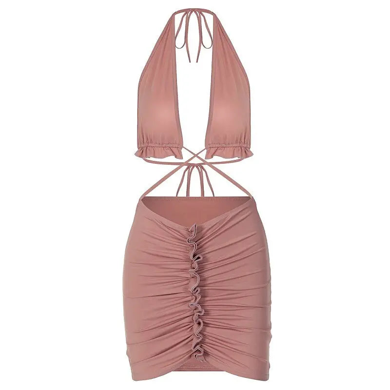 Ruffled Solid Halter Hollow Out Sleeveless Crop Top Pleated Skirts 2 Pieces Set - Blade & Thread