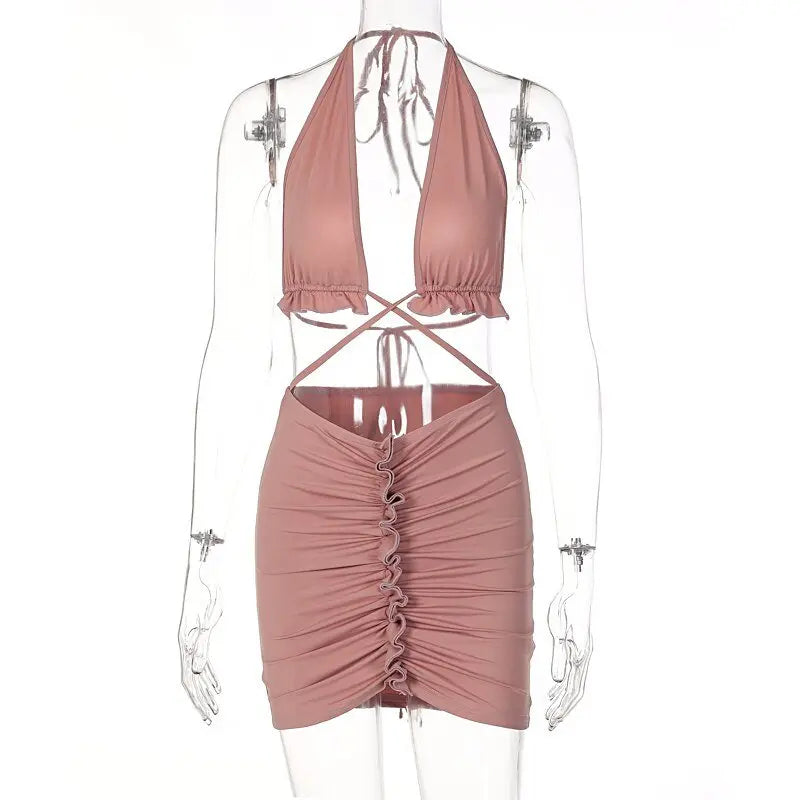 Ruffled Solid Halter Hollow Out Sleeveless Crop Top Pleated Skirts 2 Pieces Set - Blade & Thread