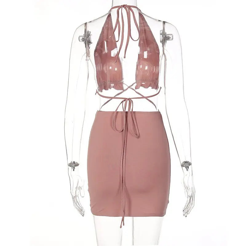 Ruffled Solid Halter Hollow Out Sleeveless Crop Top Pleated Skirts 2 Pieces Set - Blade & Thread