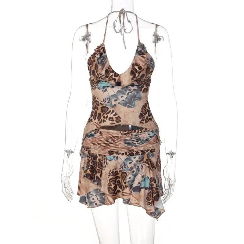 Ruffles Print Halter Sleeveless Crop Top Draped Skirts 2 Pcs Set - Blade & Thread