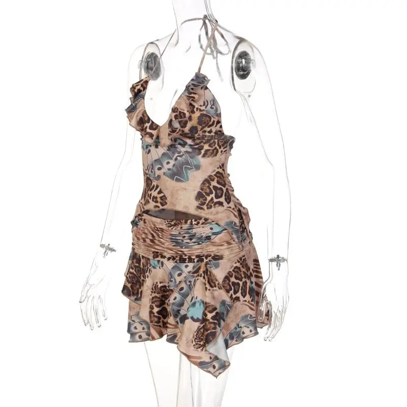 Ruffles Print Halter Sleeveless Crop Top Draped Skirts 2 Pcs Set - Blade & Thread