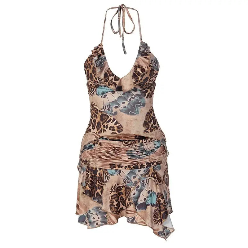 Ruffles Print Halter Sleeveless Crop Top Draped Skirts 2 Pcs Set - Blade & Thread