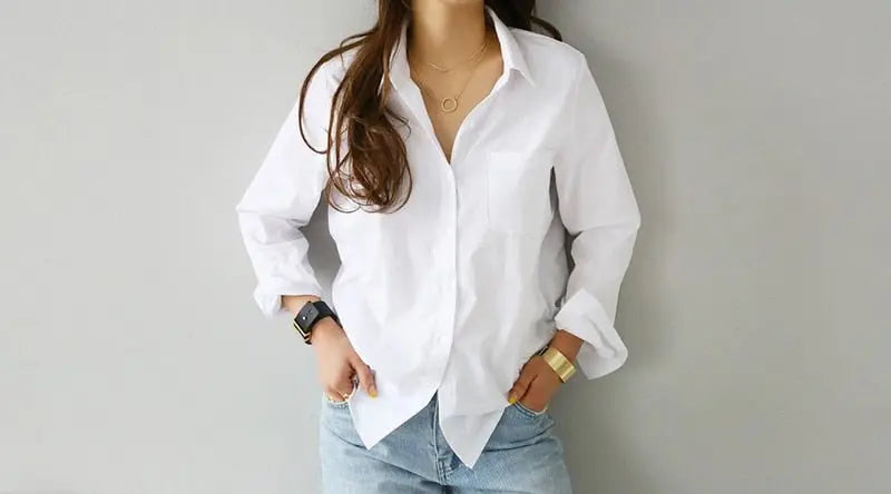 S-3XL Spring One Pocket Women White Blouse Female Shirt Tops Long Sleeve - Blade & Thread
