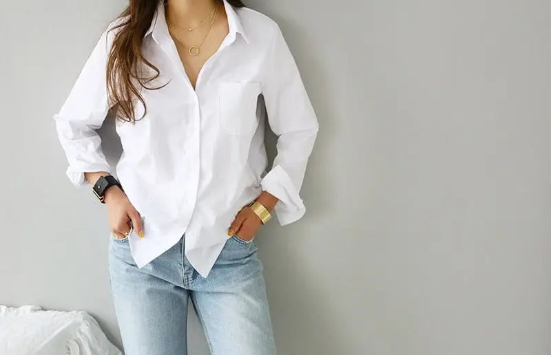 S-3XL Spring One Pocket Women White Blouse Female Shirt Tops Long Sleeve - Blade & Thread