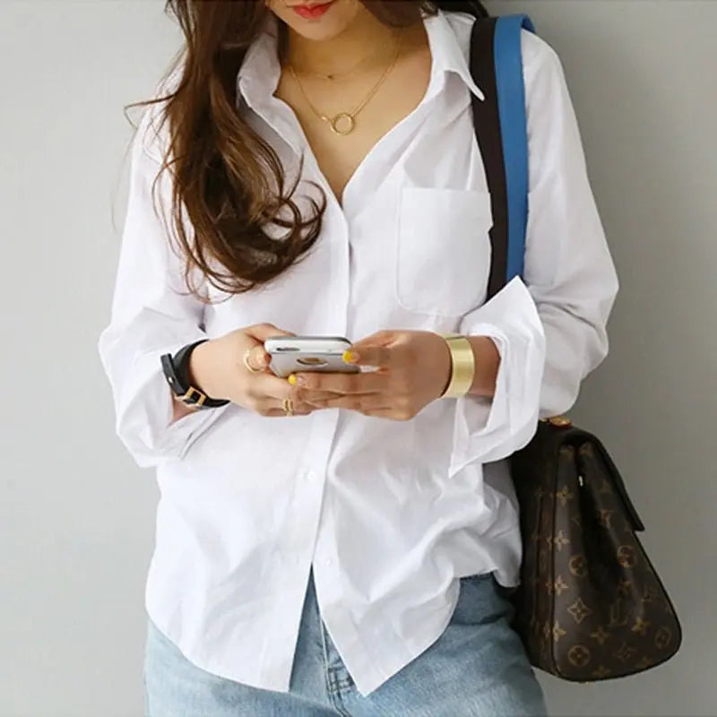 S-3XL Spring One Pocket Women White Blouse Female Shirt Tops Long Sleeve - Blade & Thread