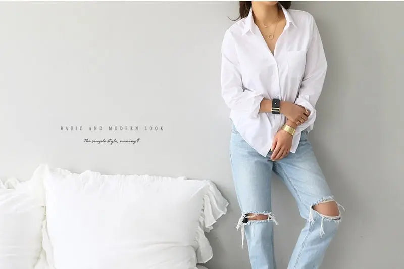 S-3XL Spring One Pocket Women White Blouse Female Shirt Tops Long Sleeve - Blade & Thread