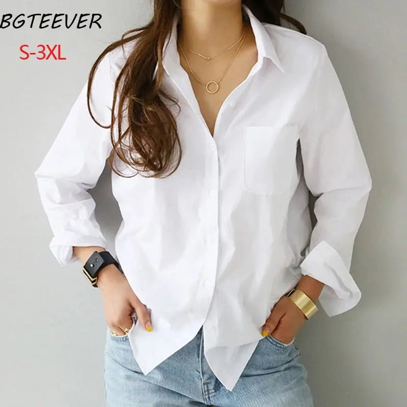 S-3XL Spring One Pocket Women White Blouse Female Shirt Tops Long Sleeve - Blade & Thread